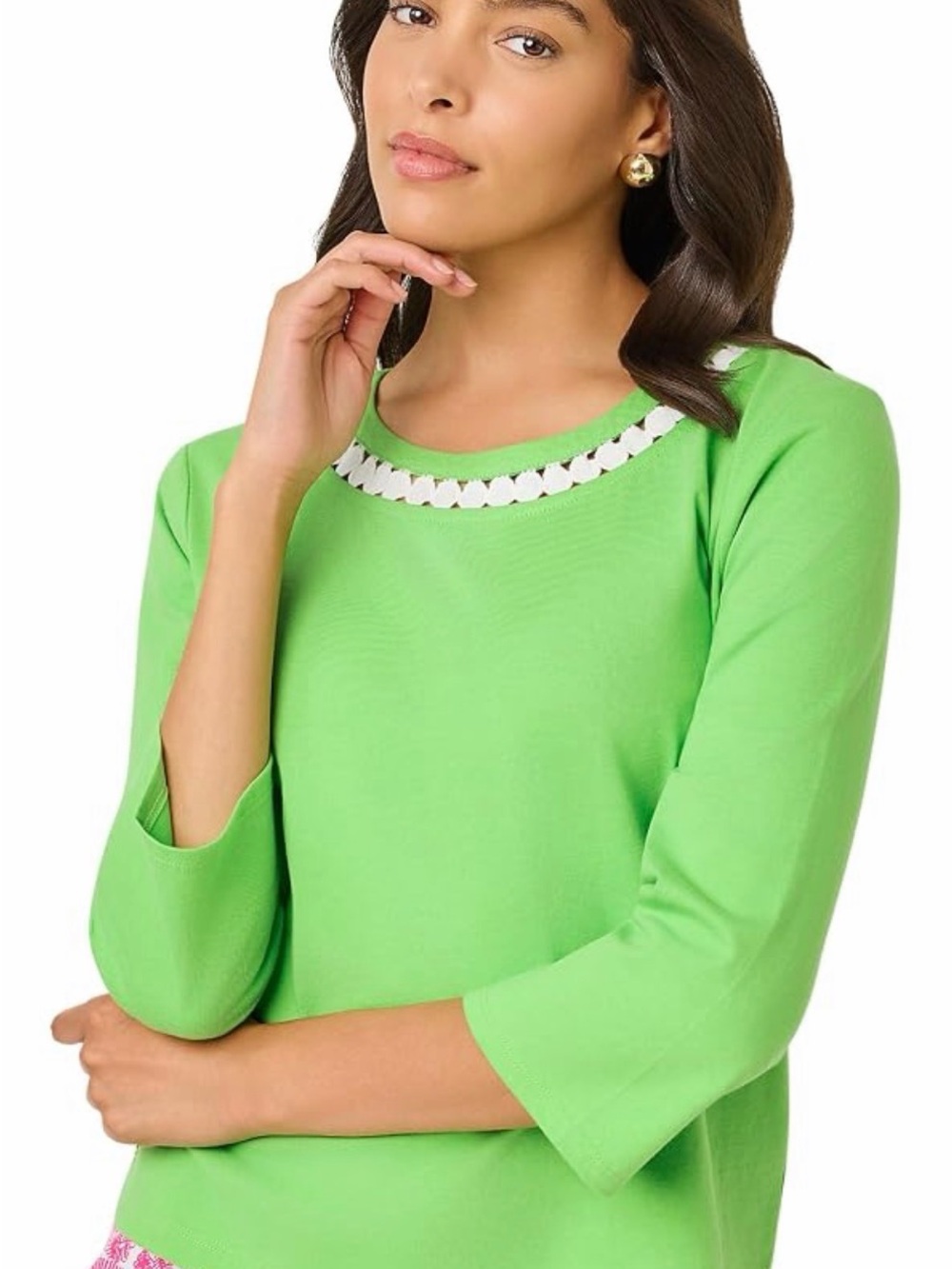 Lilly Pulitzer Clairmont 3/4 Sleeve Lace Trimmed Top XXL in Jackfruit Green NWT